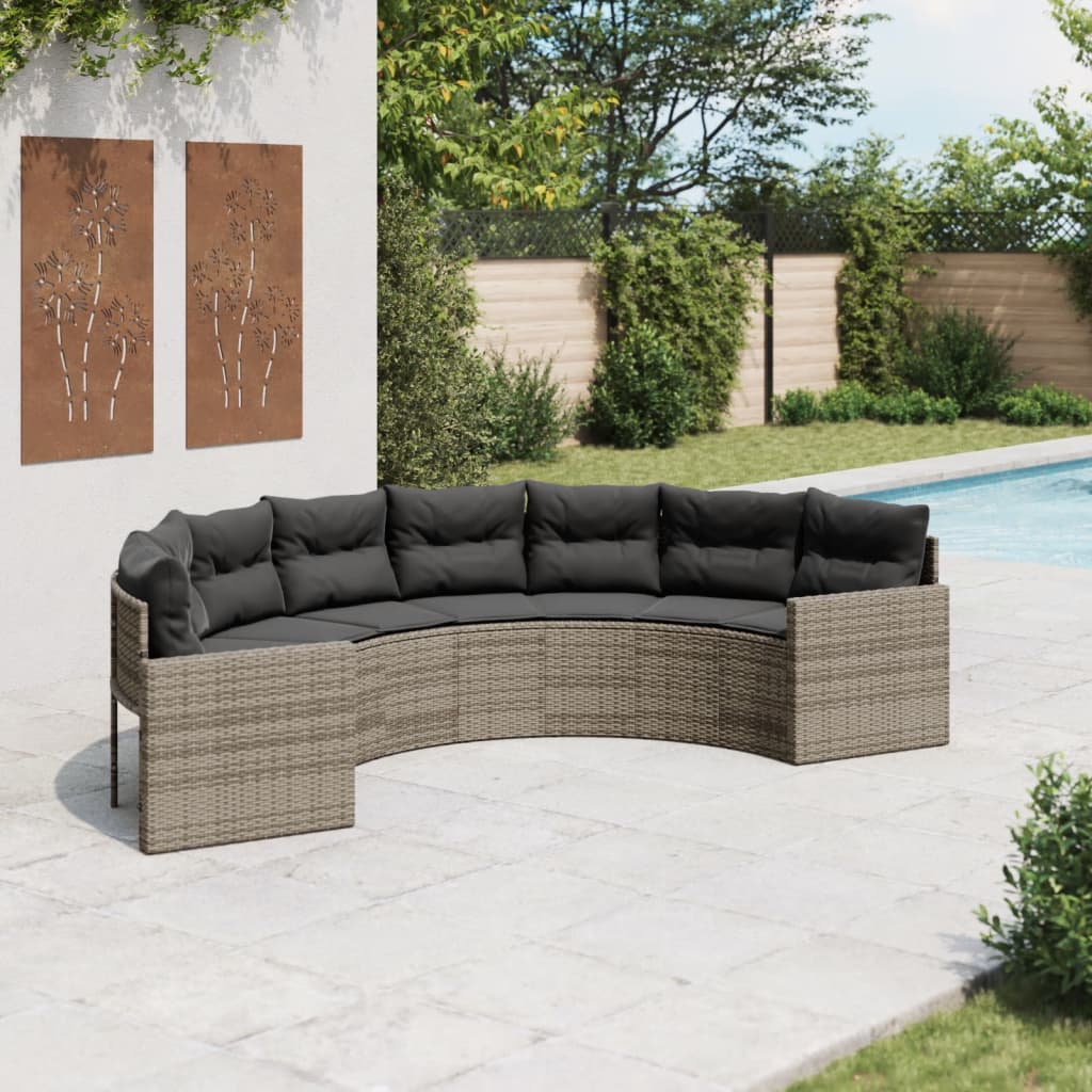 foto del prodotto divano da giardino con cuscini semicircolare grigio polyrattan