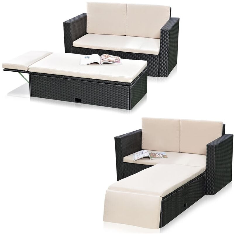 foto del prodotto divano da giardino con poggiapiedi polyrattan set da giardino d inverno nero melko