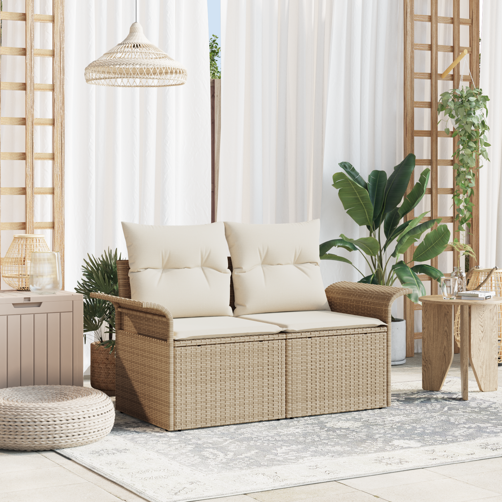 foto del prodotto divano da giardino per 2 con contenitore e cuscini beige in rattan sintetico