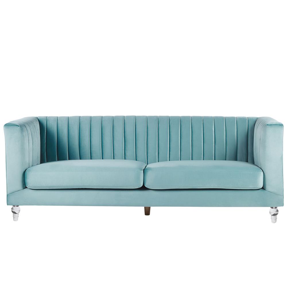 foto del prodotto divano di colore azzurro a 3 posti in velluto trapuntato stile glamour ed elegante