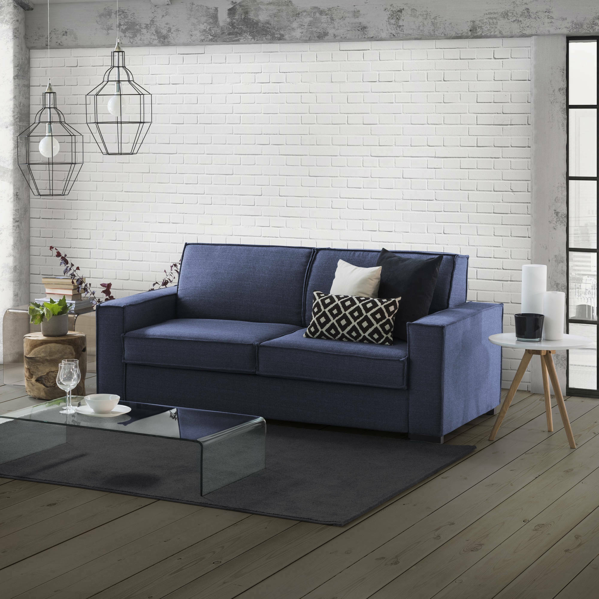 foto del prodotto divano fisso ayramah, divano a 2 posti large, made in italy, sof soggiorno in tessuto, con braccioli slim, cm 180x95h90, blu