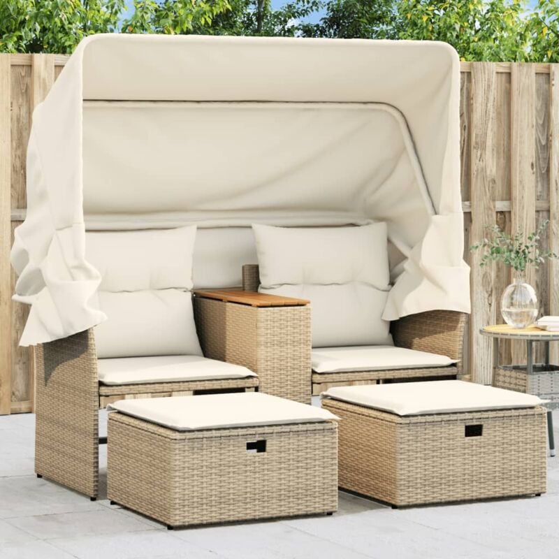 foto del prodotto divano giardino 2 posti baldacchino e sgabelli beige polyrattan - vidaxl