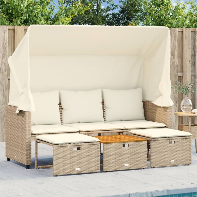 foto del prodotto divano giardino 3 posti baldacchino e sgabelli beige polyrattan vidaxl