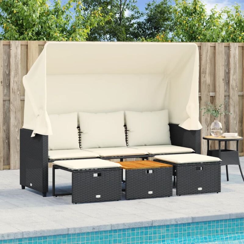 foto del prodotto divano giardino 3 posti baldacchino e sgabelli nero polyrattan vidaxl
