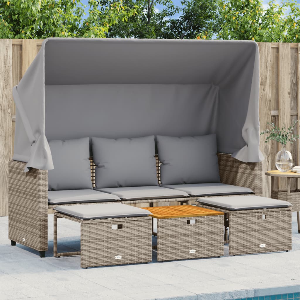 foto del prodotto divano giardino 3 posti con tetto e sgabelli grigio polyrattan