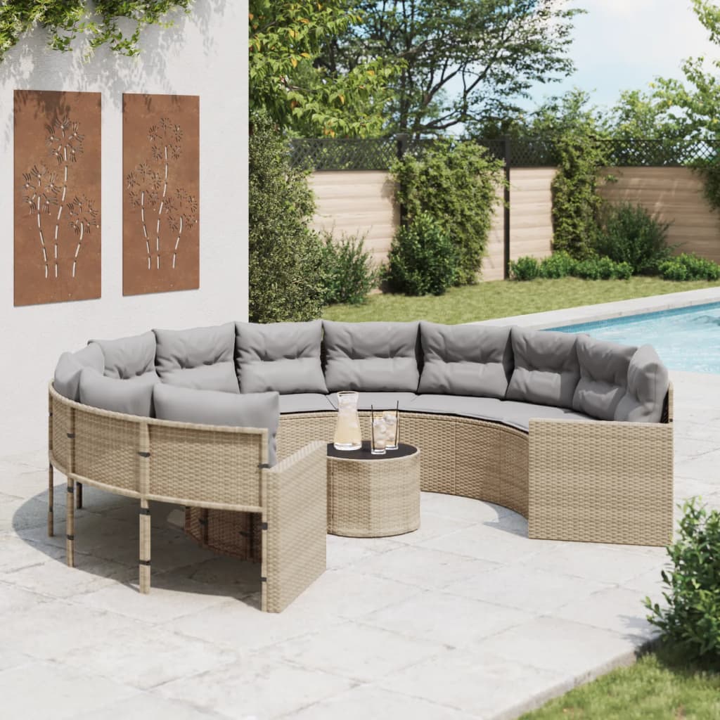 foto del prodotto divano giardino con tavolo e cuscini circolare beige polyrattan