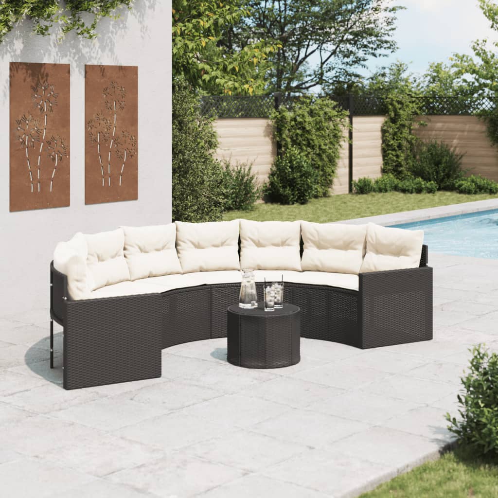 foto del prodotto divano giardino tavolo e cuscini semicircolare nero polyrattan