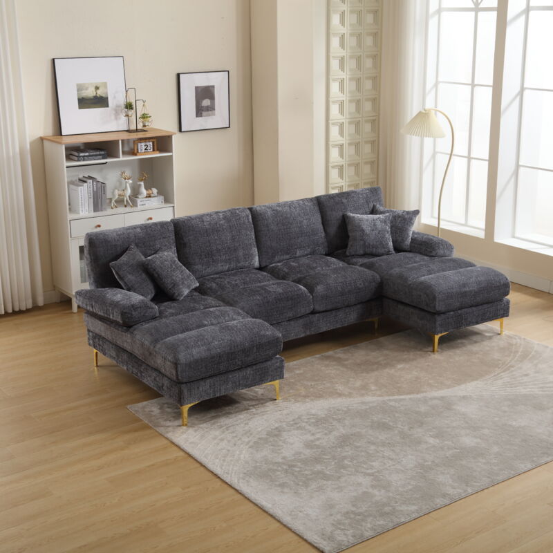 foto del prodotto divano in ciniglia a 5 posti, divano moderno scandinavo a u con 4 cuscini, cuscini per soggiorno, camera da letto, grigio
