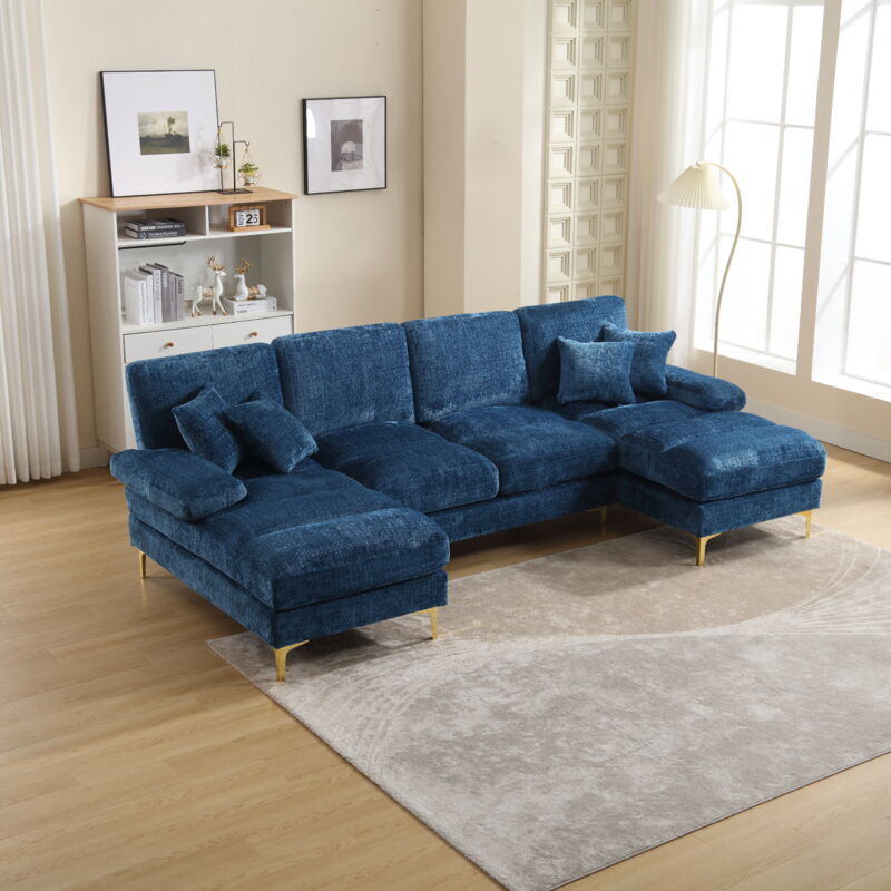 foto del prodotto divano in tessuto ciniglia a 5 posti, divano moderno scandinavo a forma di u con 4 cuscini, cuscini per soggiorno, camera da letto, blu