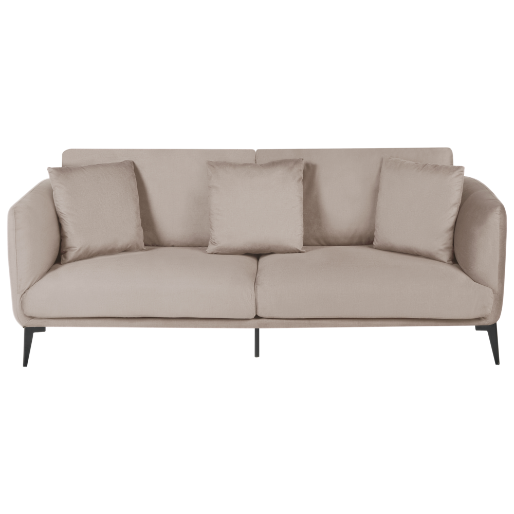foto del prodotto divano in velluto a 3 posti beige con cuscini gambe in metallo stile moderno