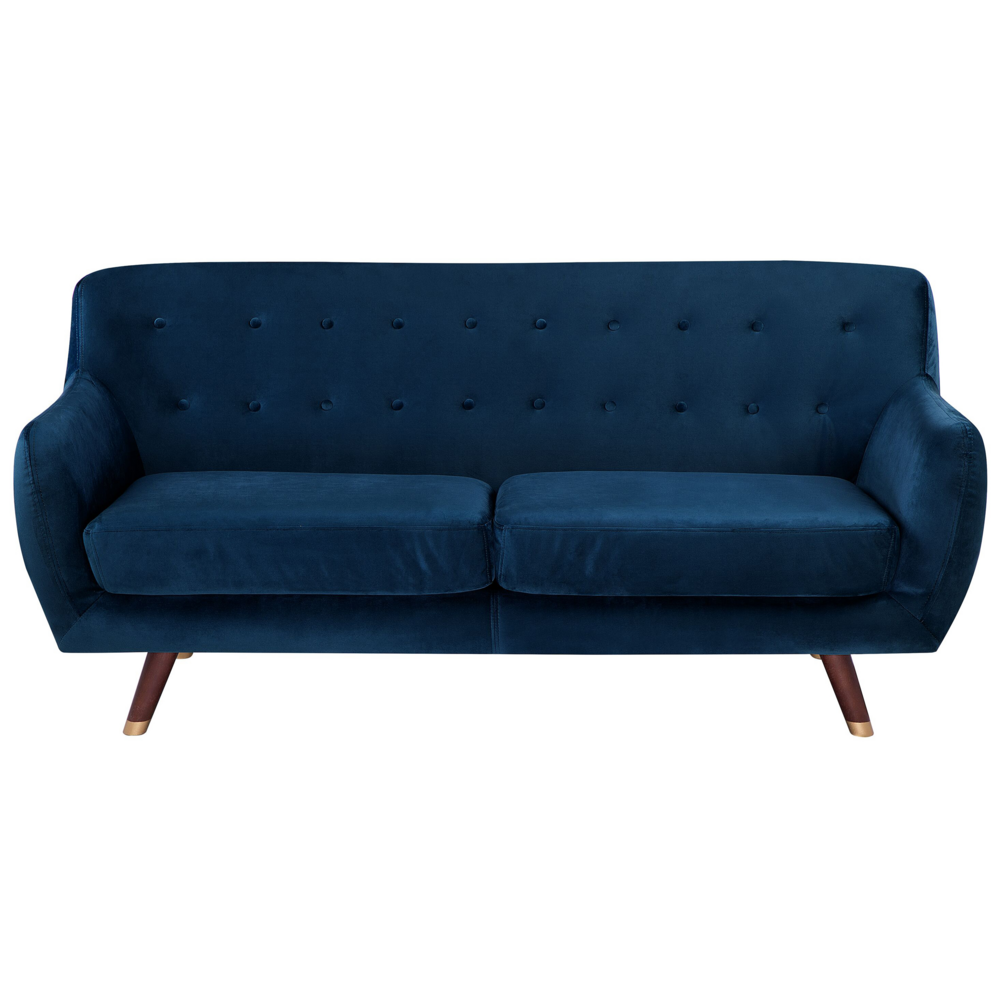 foto del prodotto divano in velluto blu navy a 3 posti con schienale capitonn imbottito con gambe in legno