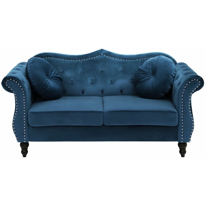 foto del prodotto divano in velluto blu scuro 2 posti con cuscini stile chesterfield retr skien