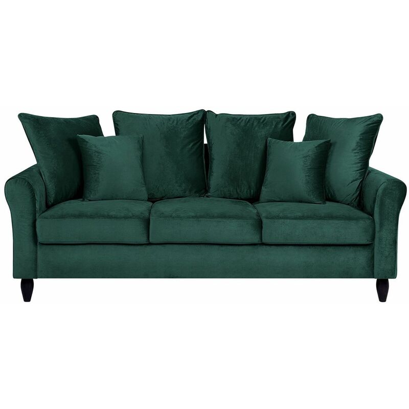 foto del prodotto divano in velluto verde scuro a 3 posti con cuscini decorativi moderno bornholm