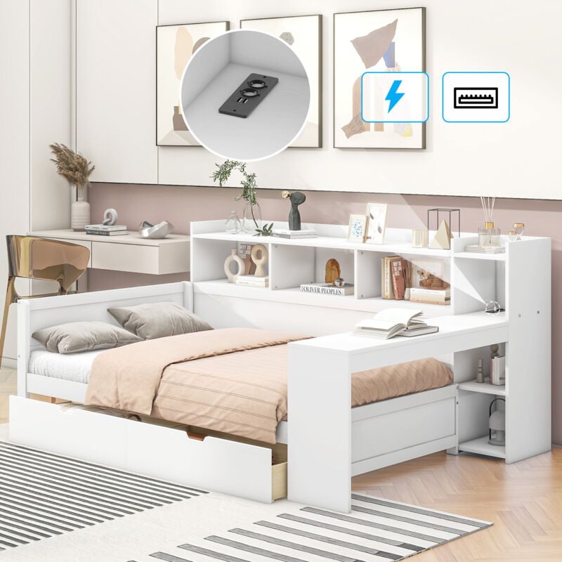 foto del prodotto divano letti, letti per bambini 90 x 200 cm, porta usb, divano letti singolo con cassetto, diversi vani portaoggetti, senza materasso, bianco