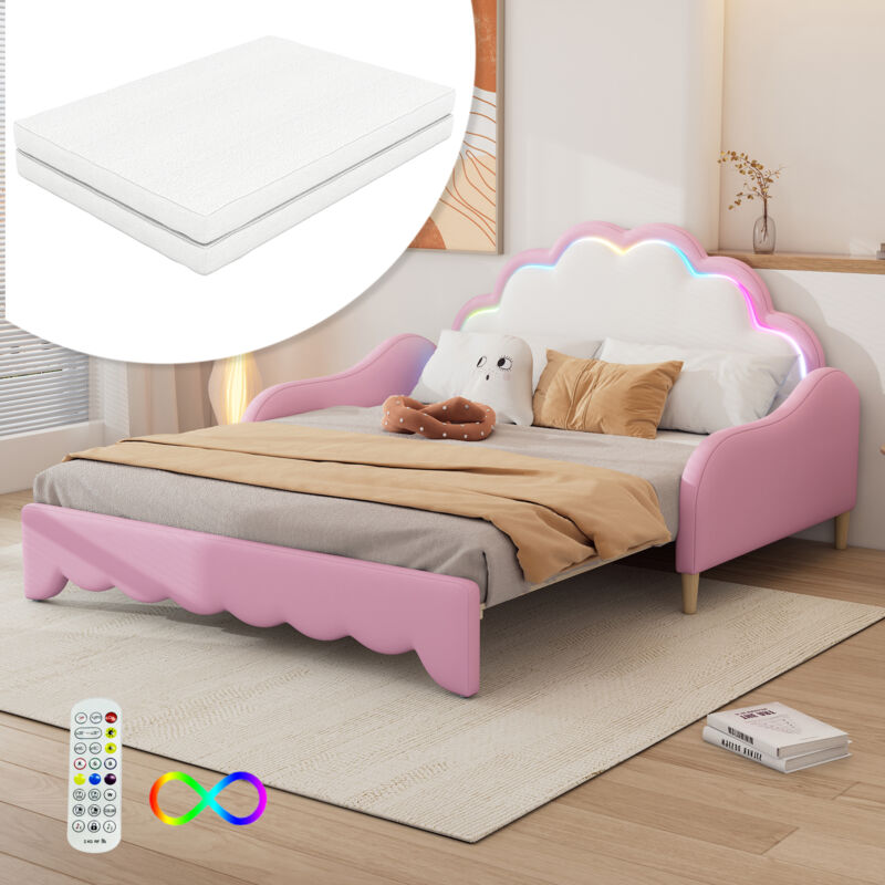 foto del prodotto divano letto 140200 cm, trasformabile in letto piano, testiera con luce d atmosfera, completo di materasso, telecomando, rosa