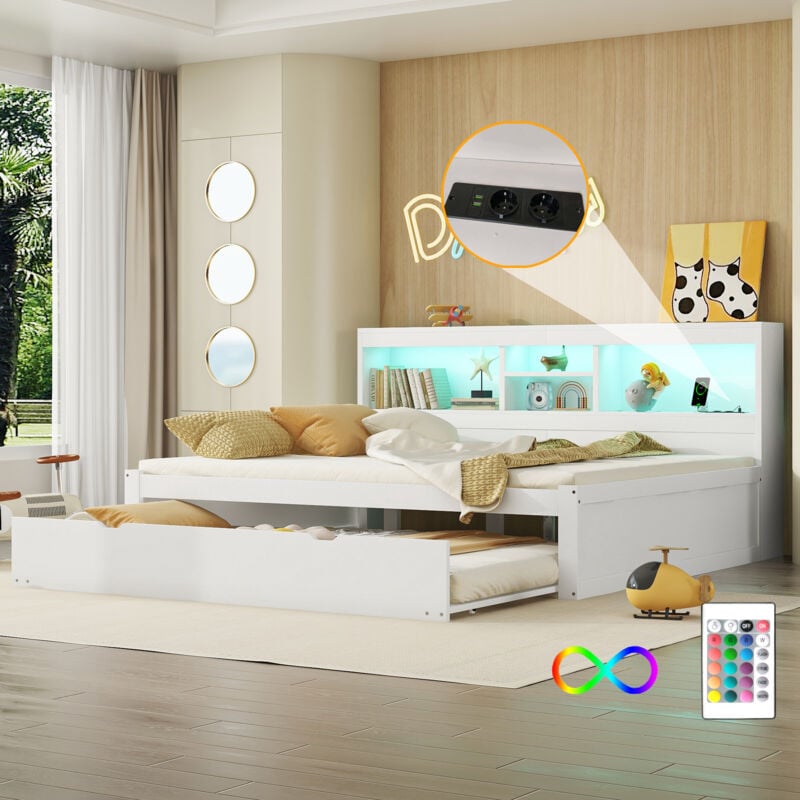 foto del prodotto divano letto 140x200 cm con letto estraibile, letto adulto bambino con presa usb, led, senza materasso, bianco