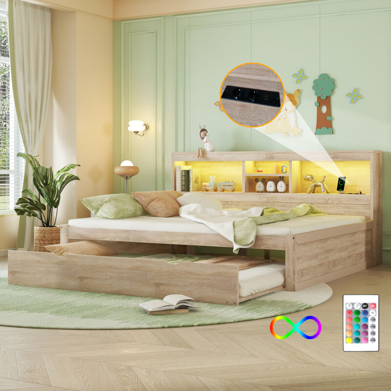 foto del prodotto divano letto 140x200 cm con letto estraibile, letto adulto bambino con presa usb, led, senza materasso, naturale