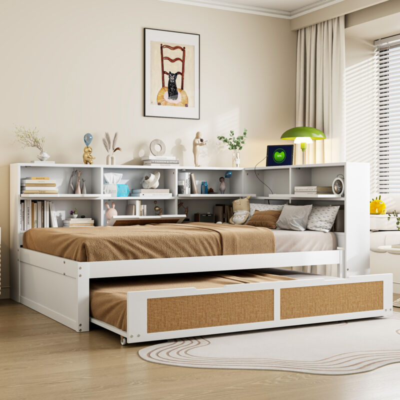 foto del prodotto divano letto 140x200 cm con letto estraibile, letto singolo con ampio spazio di archiviazione e porta di ricarica, in legno, bianco