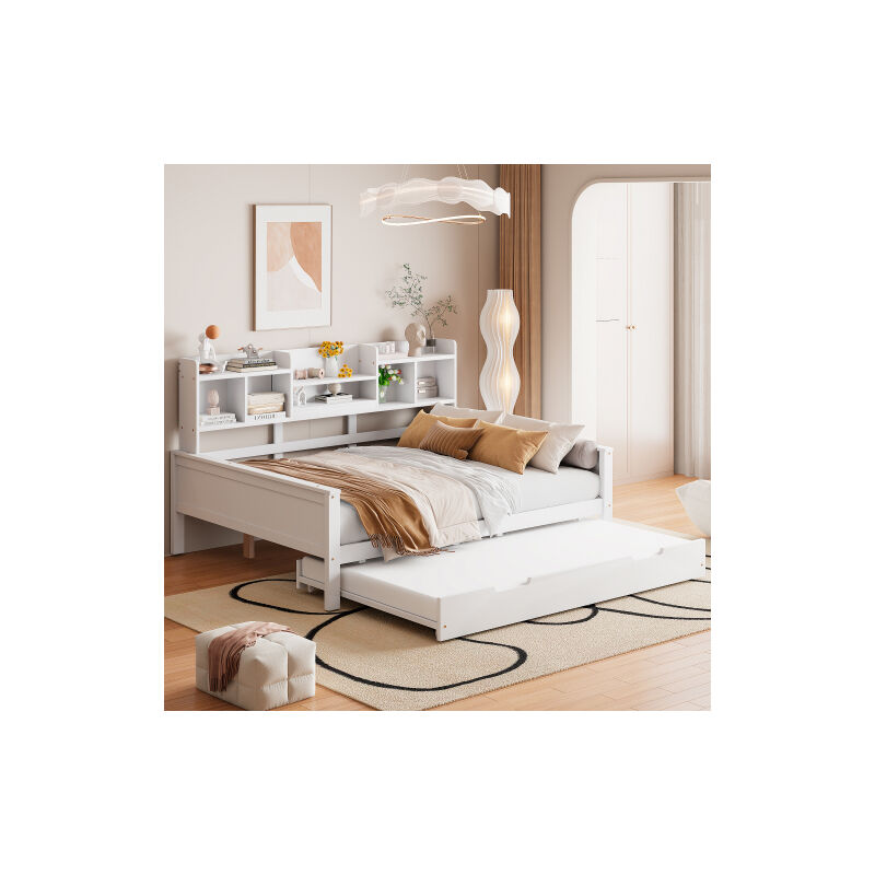 foto del prodotto divano letto 140x200 cm, letto estraibile 90x190 cm con vano contenitore, rete a doghe, senza materasso, bianco