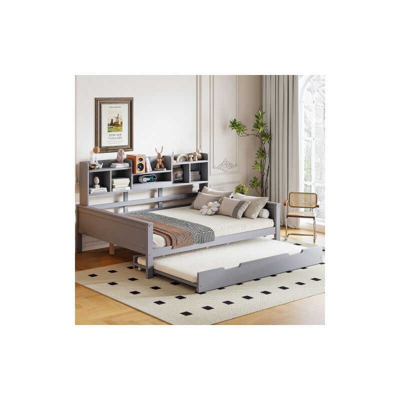 foto del prodotto divano letto 140x200 cm, letto estraibile 90x190 cm con vano contenitore, rete a doghe, senza materasso, grigio