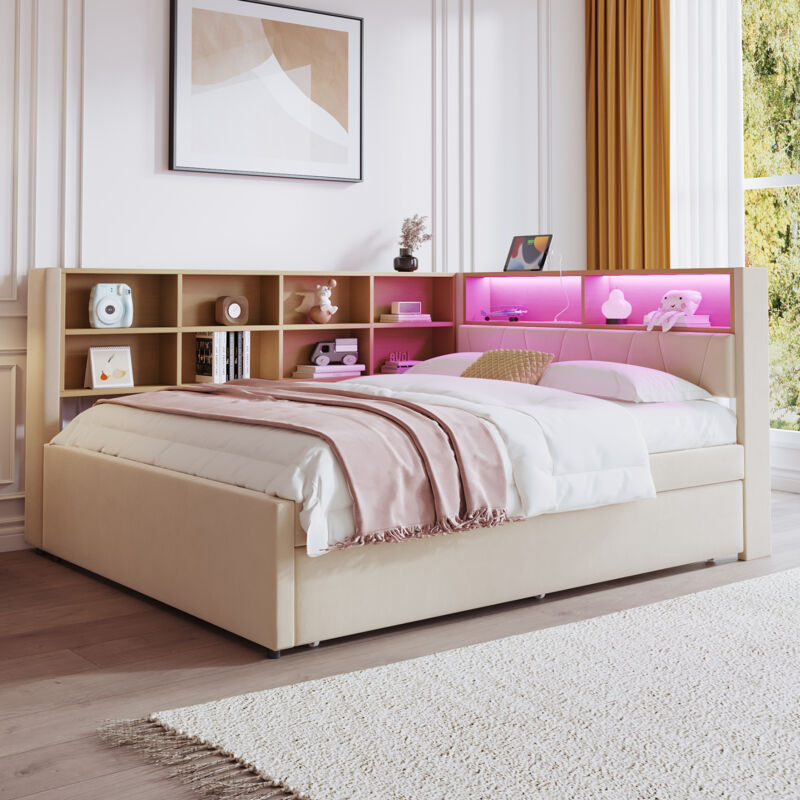 foto del prodotto divano letto 140x200 cm, letto estraibile 90x190 cm, letto contenitore, letto singolo dotato di luci led e prese, tessuto flanella, beige