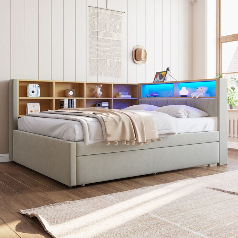foto del prodotto divano letto 140x200 cm, letto estraibile 90x190 cm, letto contenitore, letto singolo dotato di luci led e prese, tessuto flanella, grigio chiaro