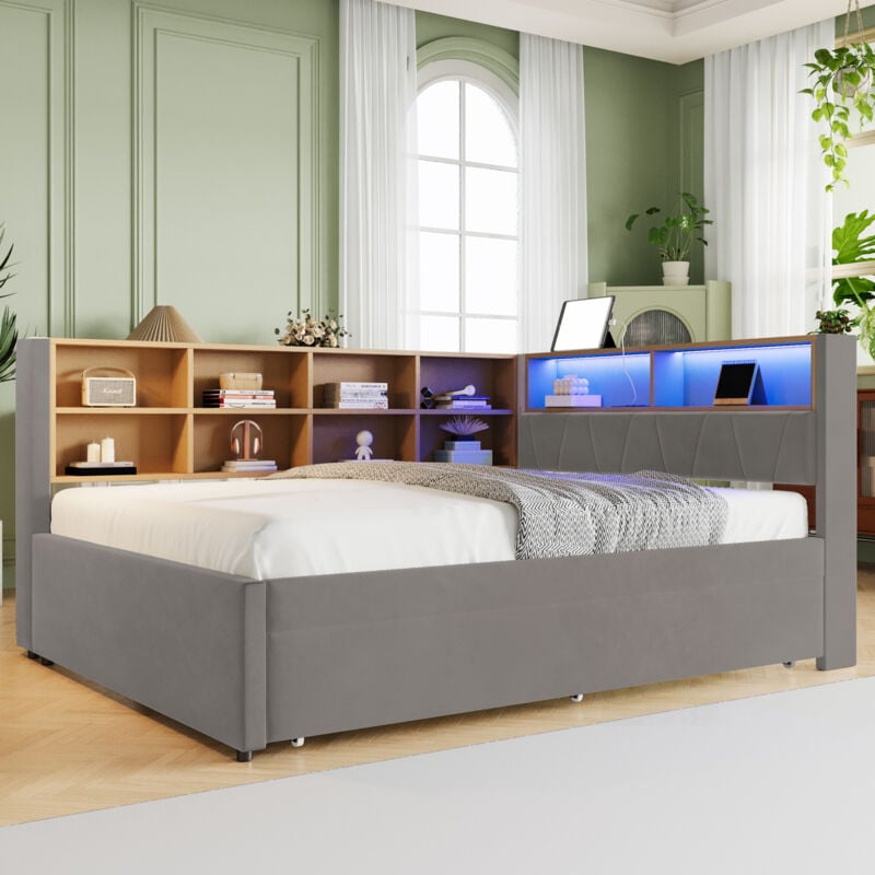 foto del prodotto divano letto 140x200 cm, letto estraibile 90x190 cm, letto contenitore, letto singolo dotato di luci led e prese, tessuto flanella, grigio scuro
