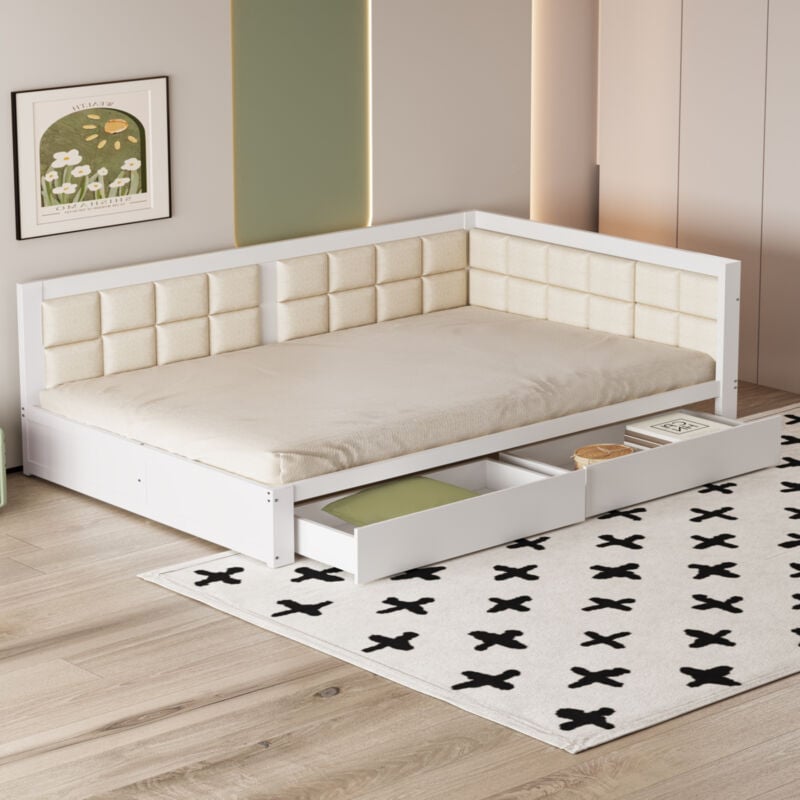 foto del prodotto divano letto 140x200 cm, letto per bambini, struttura letto in legno con rete a doghe e cassetti, bianco