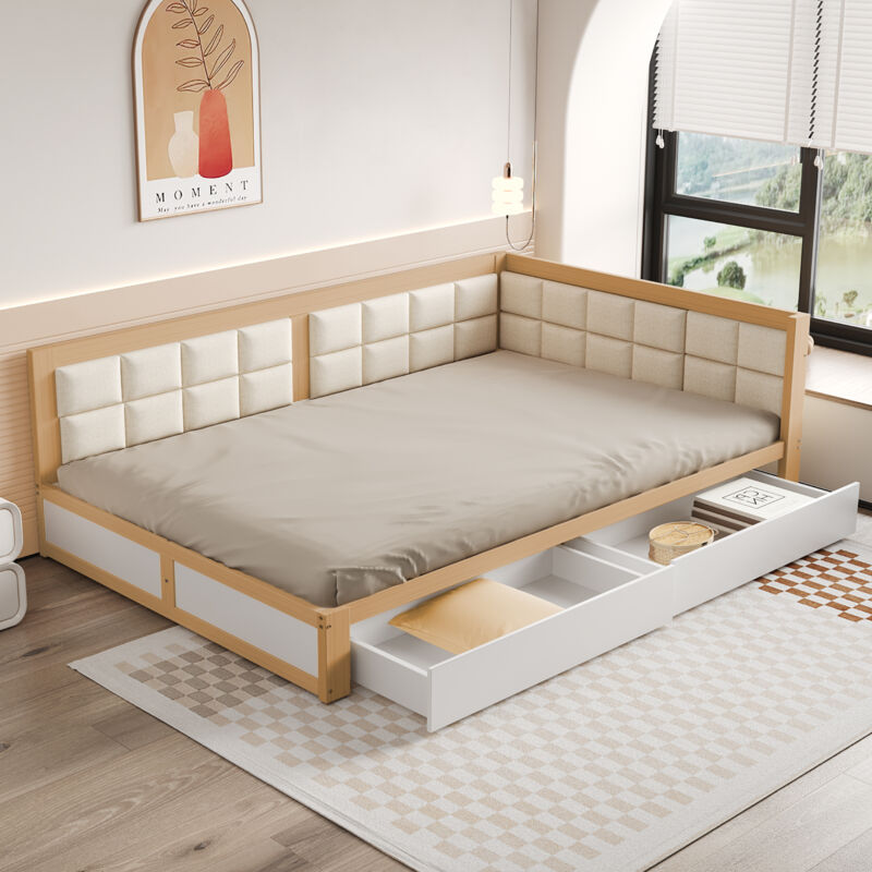 foto del prodotto divano letto 140x200 cm, letto per bambini, struttura letto in legno con rete a doghe e cassetti, naturale