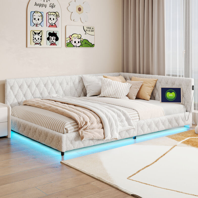 foto del prodotto divano letto 140x200, divano letto 140x200, letto imbottito, con led, colori luce ambiente, porta usb, bianco