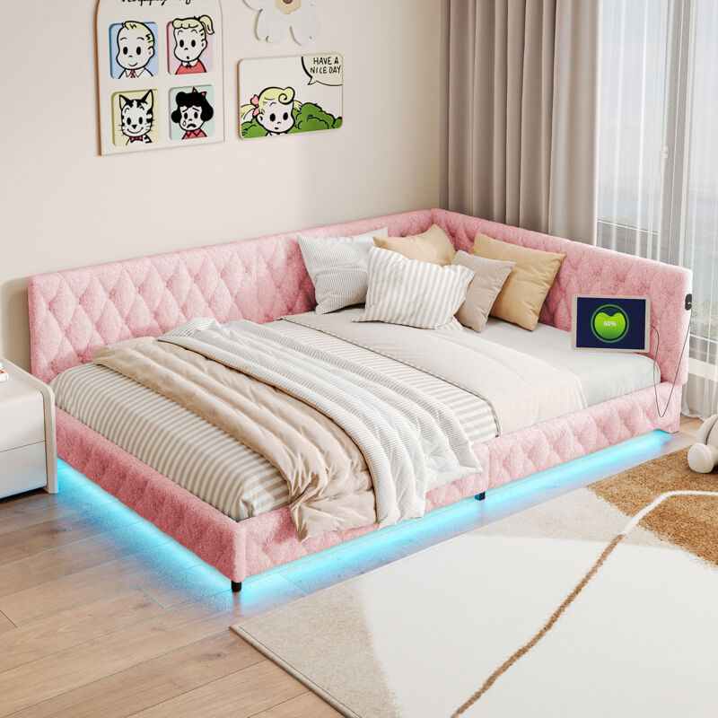 foto del prodotto divano letto 140x200, divano letto 140x200, letto imbottito, con led, colori luce ambiente, porta usb, rosa