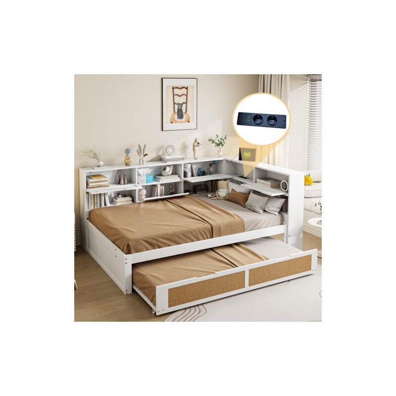 foto del prodotto divano letto 140x200cm con letto estraibile, vano contenitore, ripiano aperto, porta di ricarica, senza materasso, bianco