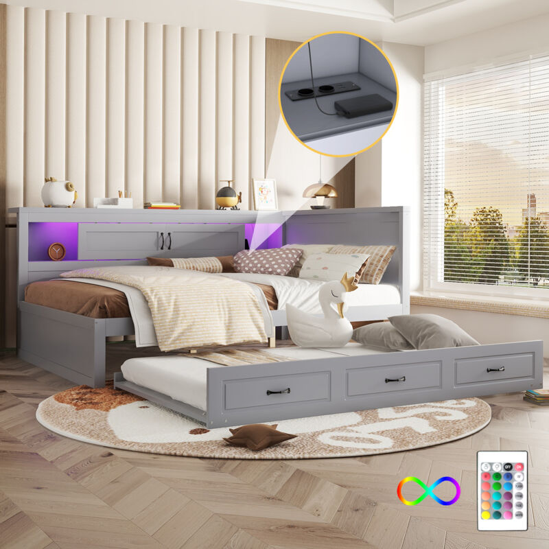 foto del prodotto divano letto 140x200cm, letto bambino adulto con letto estraibile 90x190cm, presa usb, lde, testiera con vano contenitore, senza materasso, grigio