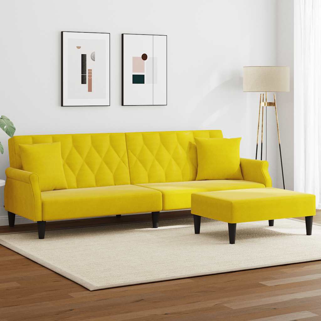 foto del prodotto divano letto 2 posti con cuscini e sgabello giallo in velluto