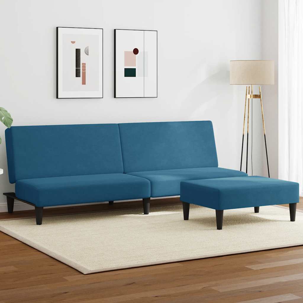 foto del prodotto divano letto 2 posti con poggiapiedi blu in vellutocod mxl 114639