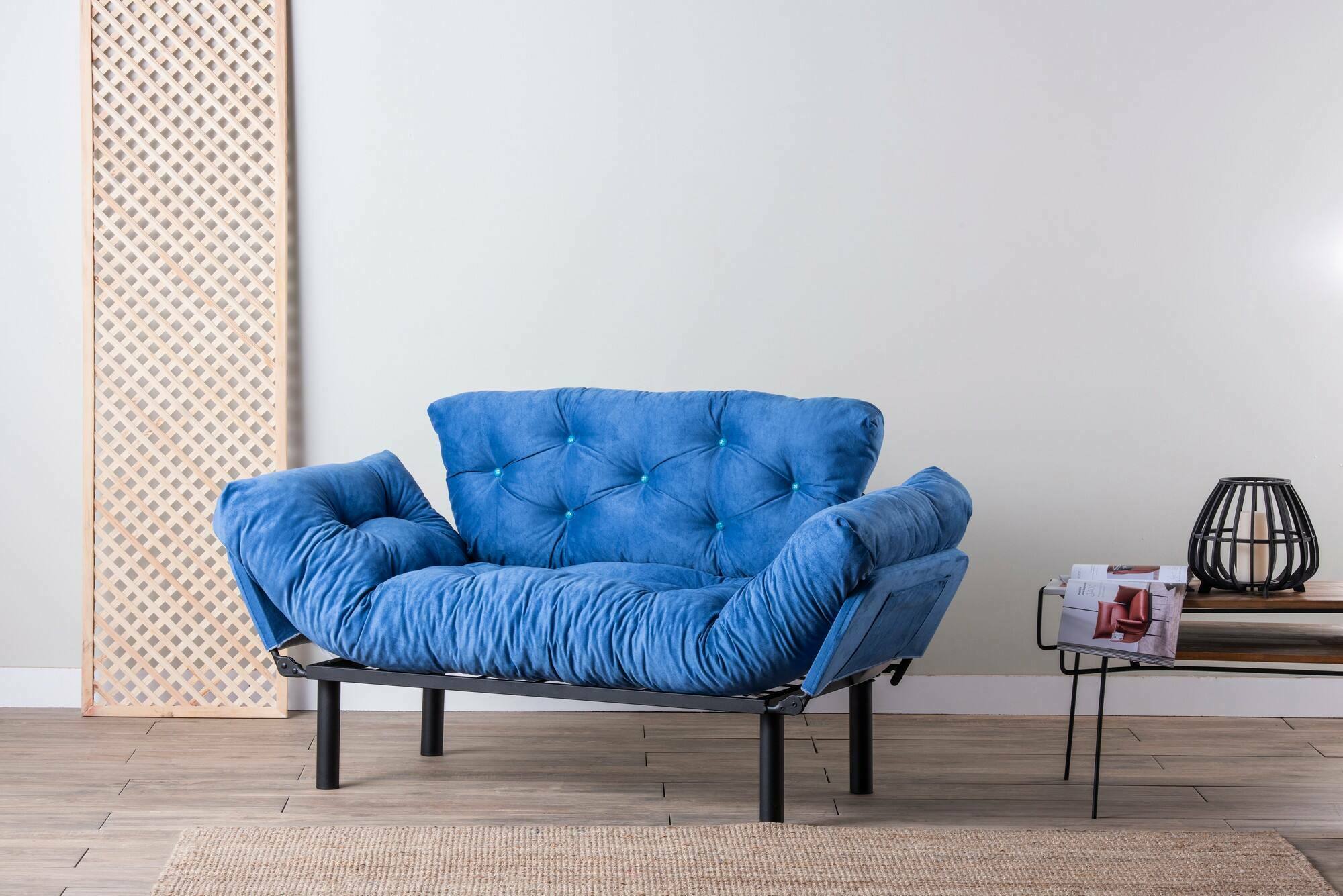 foto del prodotto divano letto 2 posti guchol, sof trasformabile, divanetto per ospiti, poltrona letto contenitore, 155x70 h85 cm, blu
