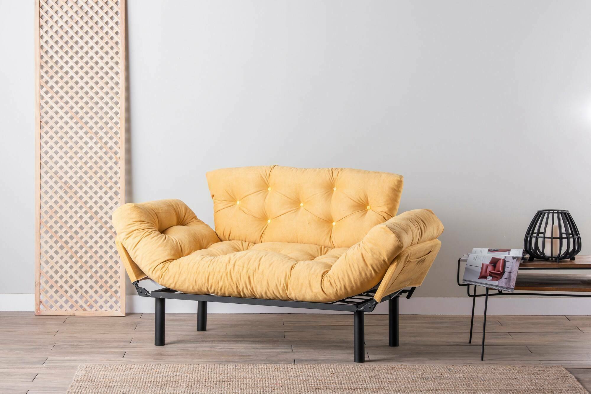 foto del prodotto divano letto 2 posti guchol, sof trasformabile, divanetto per ospiti, poltrona letto contenitore, 155x70 h85 cm, giallo