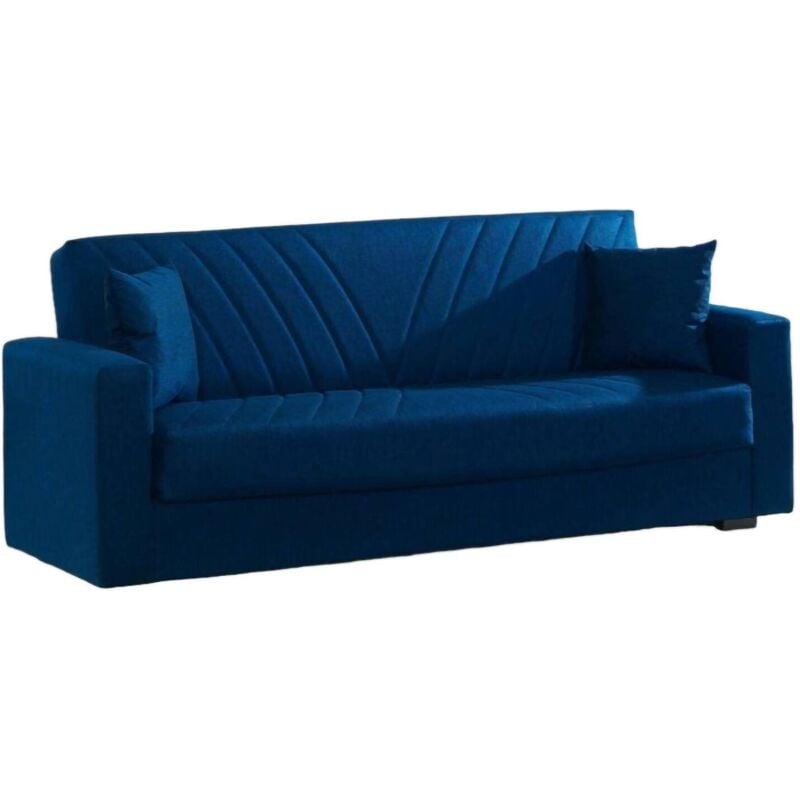 foto del prodotto divano letto 3 posti adda, divano contenitore lineare con 2 cuscini, sof da soggiorno in tessuto con apertura click clack, 214x81xh89 cm, blu dmora