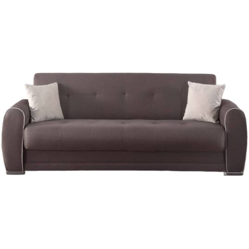 foto del prodotto divano letto 3 posti alfo, divano contenitore con 2 cuscini, sof in tessuto imbottito con apertura click clack, 224x85h87 cm, grigio chiaro dmora
