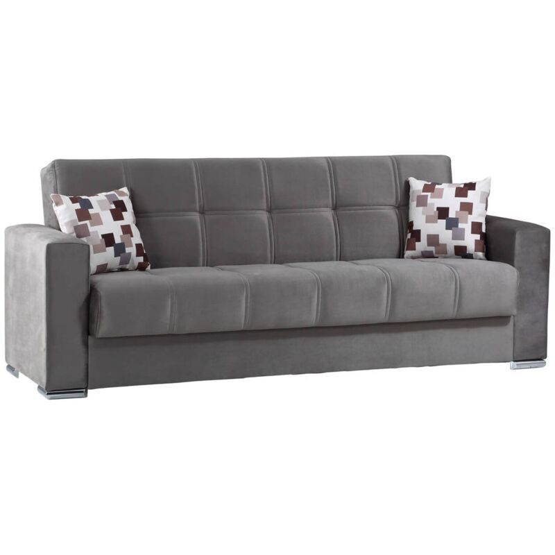 foto del prodotto divano letto 3 posti arbano, divano contenitore lineare, sof da soggiorno in tessuto imbottito con apertura click clack, 226x85h91 cm, grigio dmora