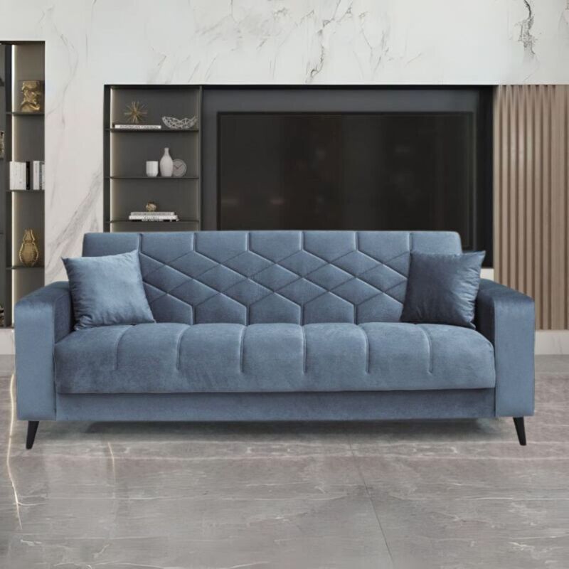 foto del prodotto divano letto 3 posti con contenitore braccioli trapuntati vellutino grigio 225 cm skybu