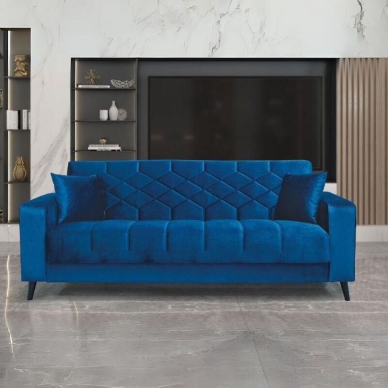 foto del prodotto divano letto 3 posti con contenitore e braccioli trapuntati vellutino blu 225 cm skybu