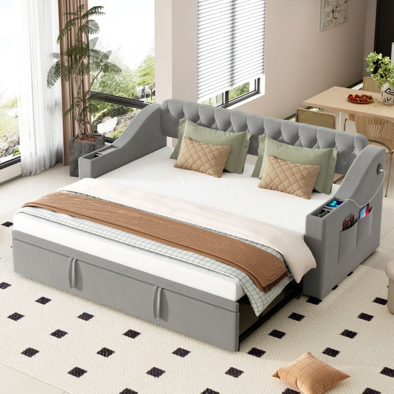 foto del prodotto divano letto 90 180x190 cm con porta di ricarica usb, contenitore integrato nei braccioli e rete a doghe, tessuto in velluto, grigio