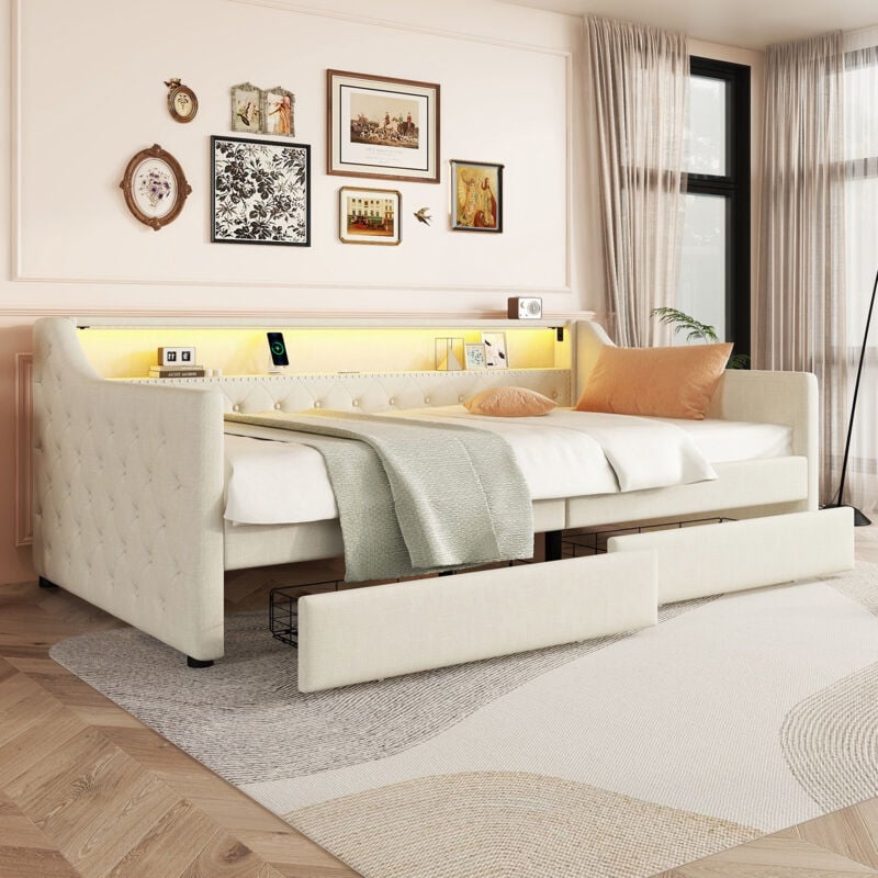 foto del prodotto divano letto, 90 x 200 cm, divano letto, divano letto con rete a doghe senza materasso , luce d atmosfera con telecomando, letto con due cassetti,