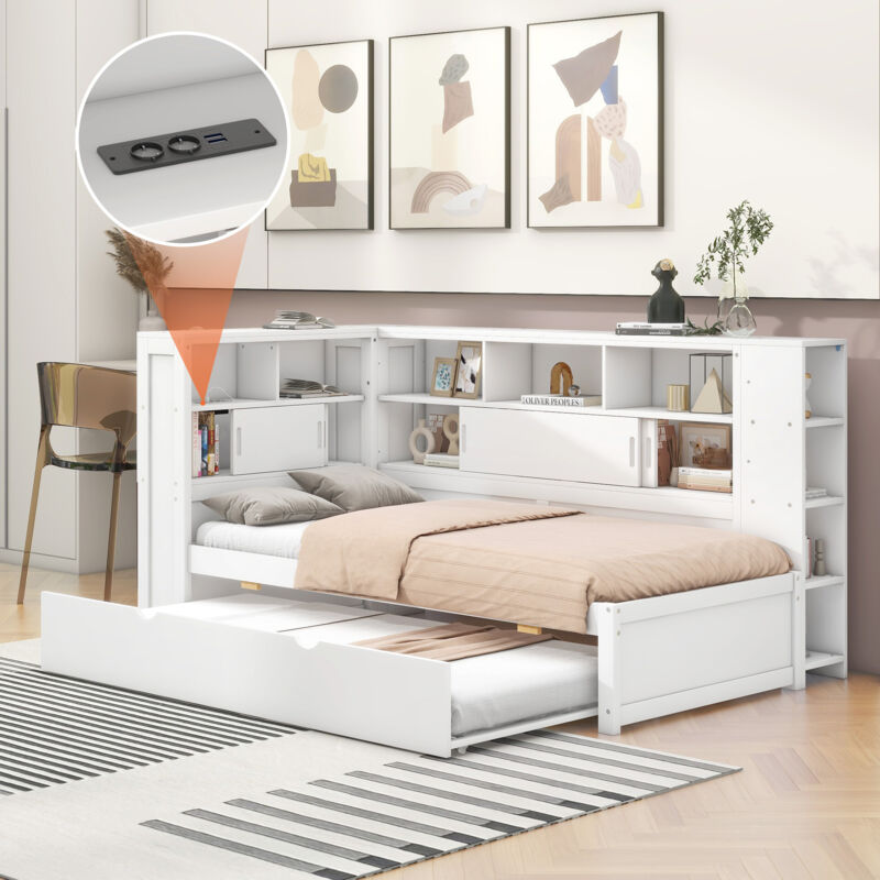 foto del prodotto divano letto 90x200 cm con letto estraibile 90x190 cm, usb, letto per bambini, diversi vani portaoggetti, senza materasso, bianco