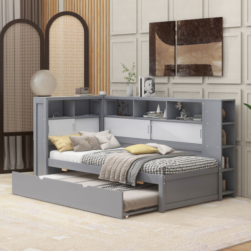 foto del prodotto divano letto 90x200 cm con letto estraibile 90x190 cm, usb, letto per bambini, diversi vani portaoggetti, senza materasso, grigio