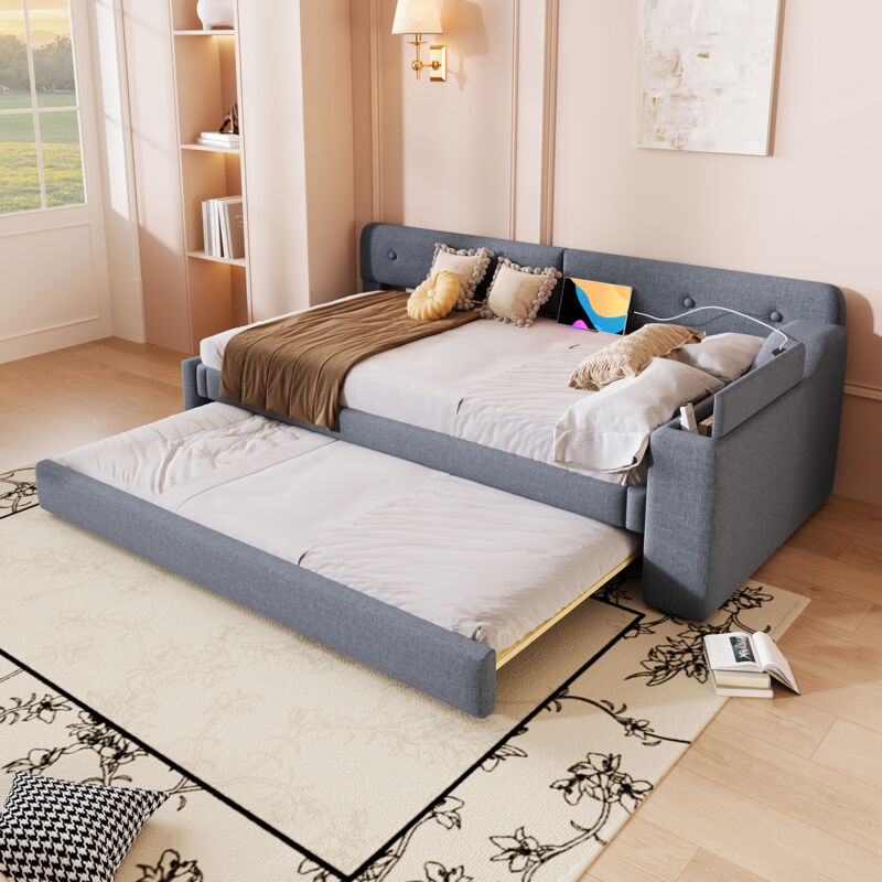 foto del prodotto divano letto 90x200cm, letto singolo adulto bambino con letto estraibile, usb type c, senza materasso, lino, grigio