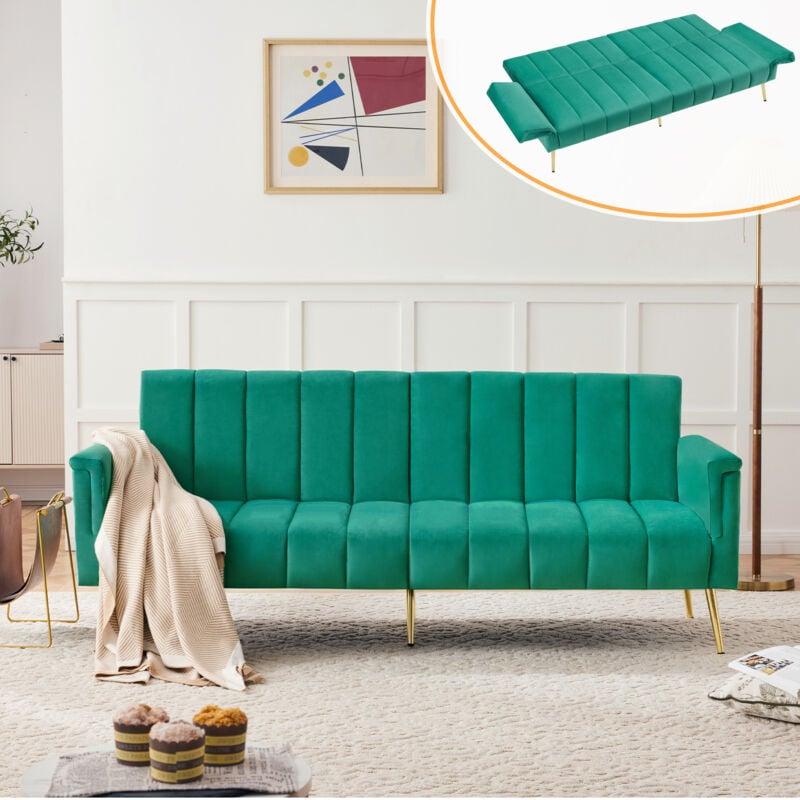 foto del prodotto divano letto a 2 posti, divano letto verde, divano in velluto con gambe ausiliarie, funzione sleep