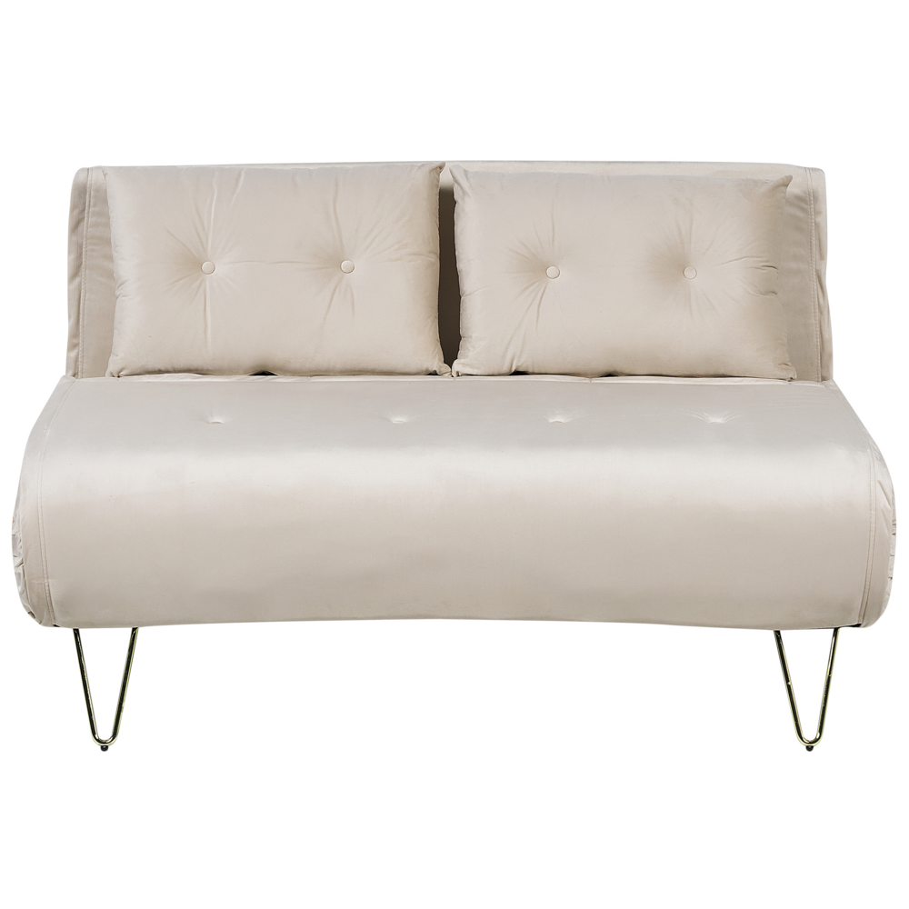 foto del prodotto divano letto a 2 posti in velluto beige con gambe in metallo senza braccioli 2 cuscini gambe metallo glamour