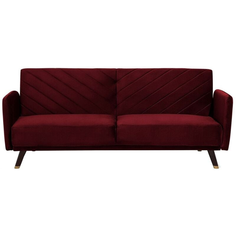 foto del prodotto divano letto a 3 posti rivestimento in velluto rosso scuro gambe in legno senja